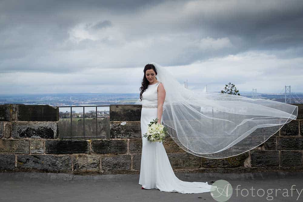 Dundas castle wedding photos with bride on the rooftop
